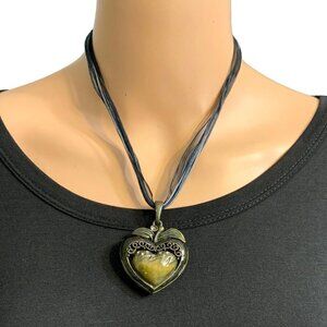 Vintage Metal & Enamel Heart Pendant Necklace With Ribbon Cord